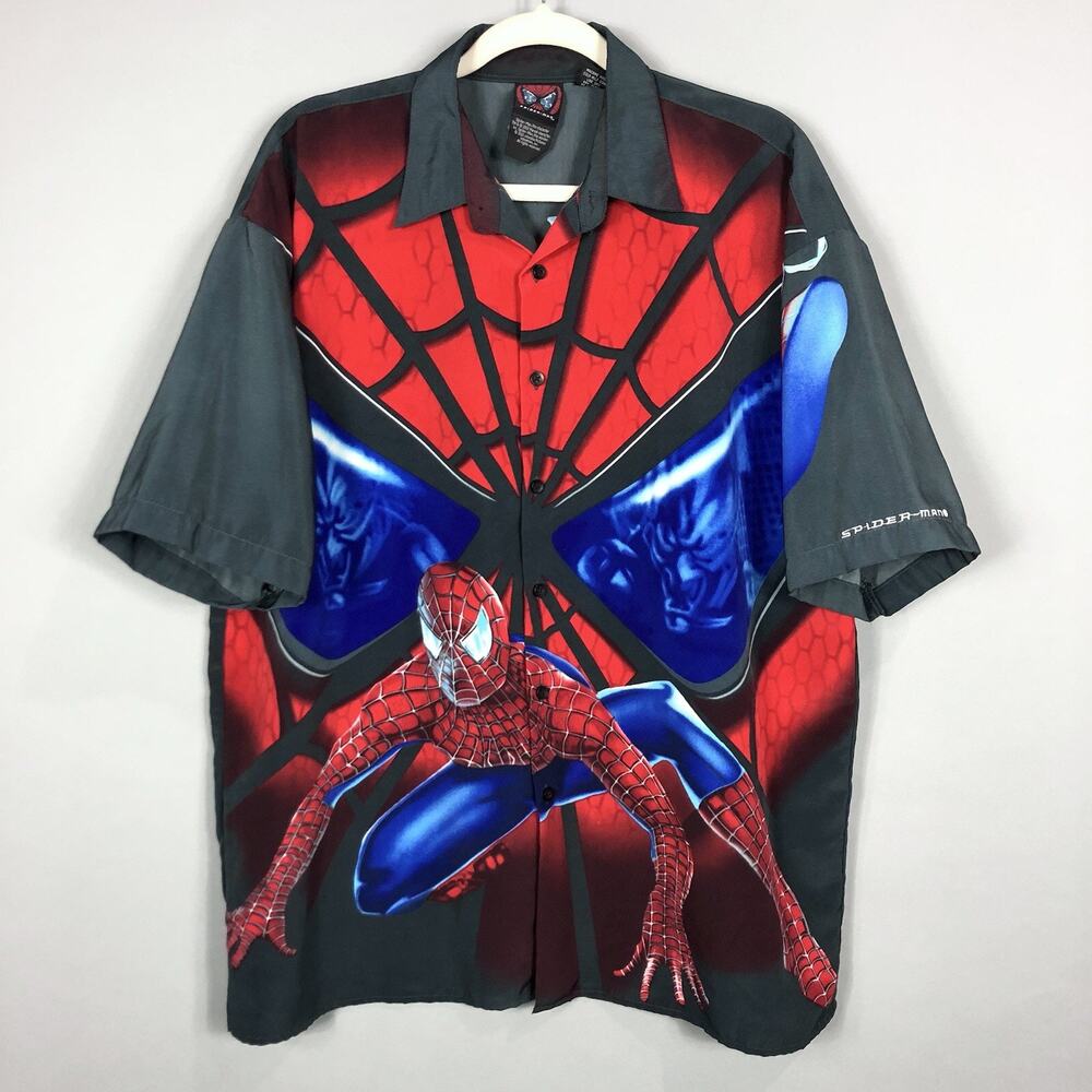 VTG Y2K 2002 Spiderman AOP Allover Print Button Down Shirt Men L Short Sleeve